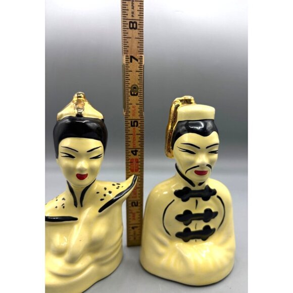 Vtg MCM Asian Ceramic Figurine Bust Pair Yellow Gold Accents - Picture 7 of 7